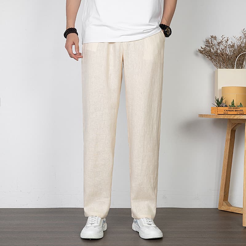 Men's Ice Silk Cotton Linen Pants Men's Summer Thin Casual Pants Trousers Loose Straight Wide Leg Pants Plus Size