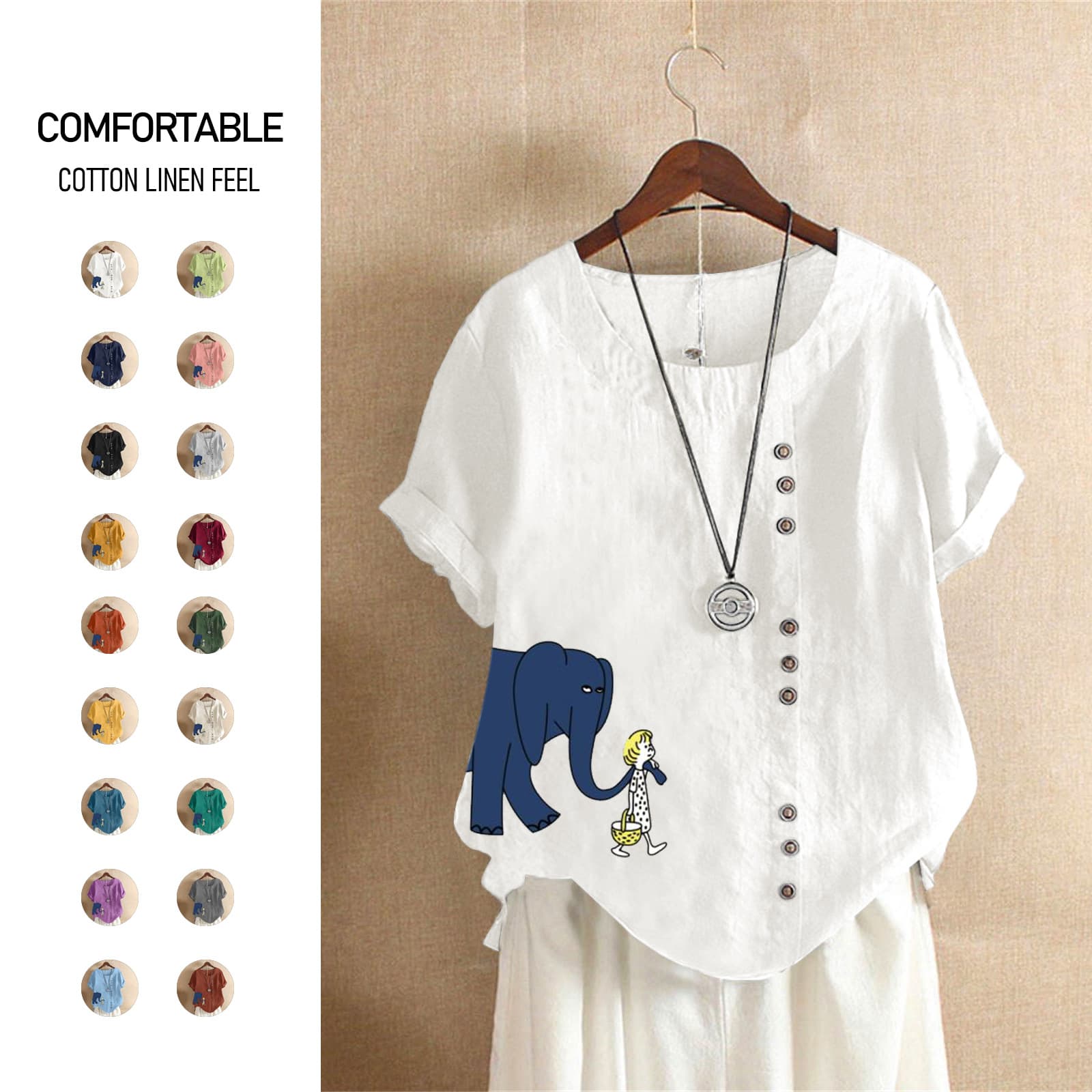 2025 Summer Retro Plus Size Casual Loose Linen Cotton Short Sleeve T-Shirt Women's Plus Size Elephant Print