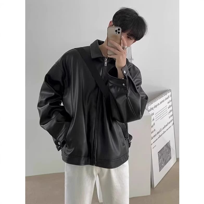 Black PU Leather Jacket Men's Biker Casual Cool Street Style Spring Autumn Zipper Closure Long Sleeve Streetwear Coat