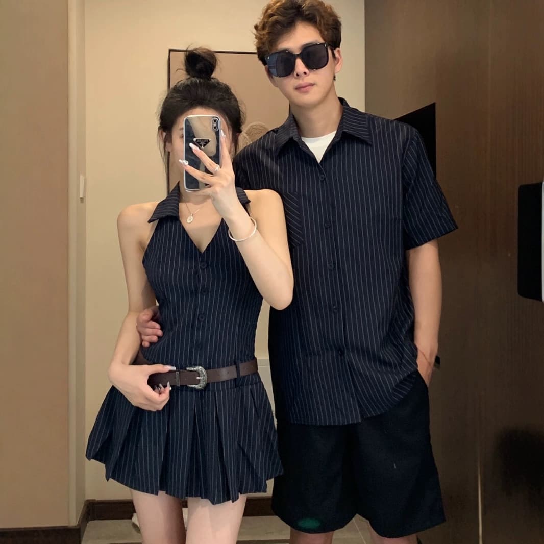 French design couple's summer Korean style short-sleeved shirts, feminine dresses, men's shirts, one skirt and one trendy dress
