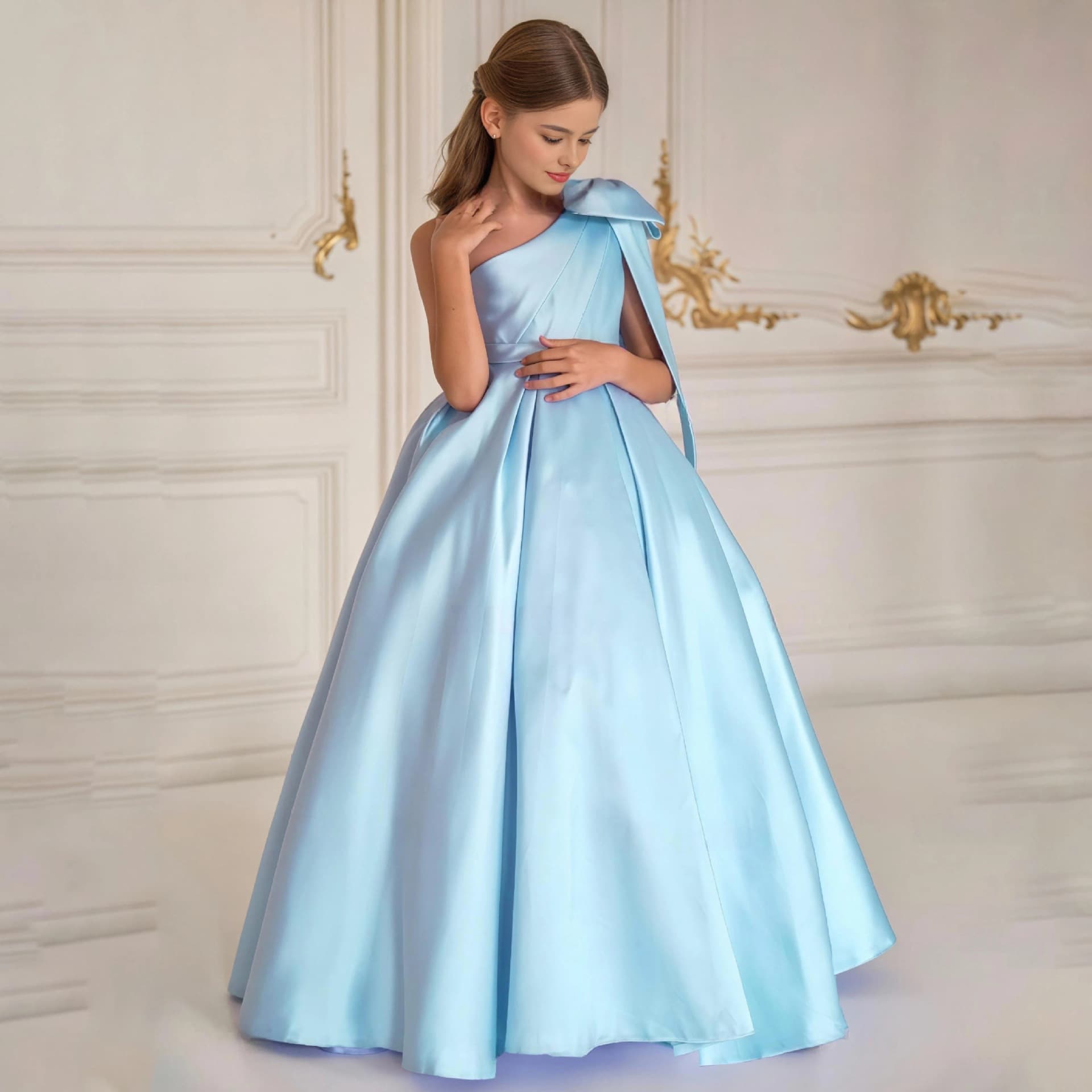 Girl's One-Shoulder Dress with Bow Design, Premium Children's Stage Show Piano Performance Unique Princess Dress