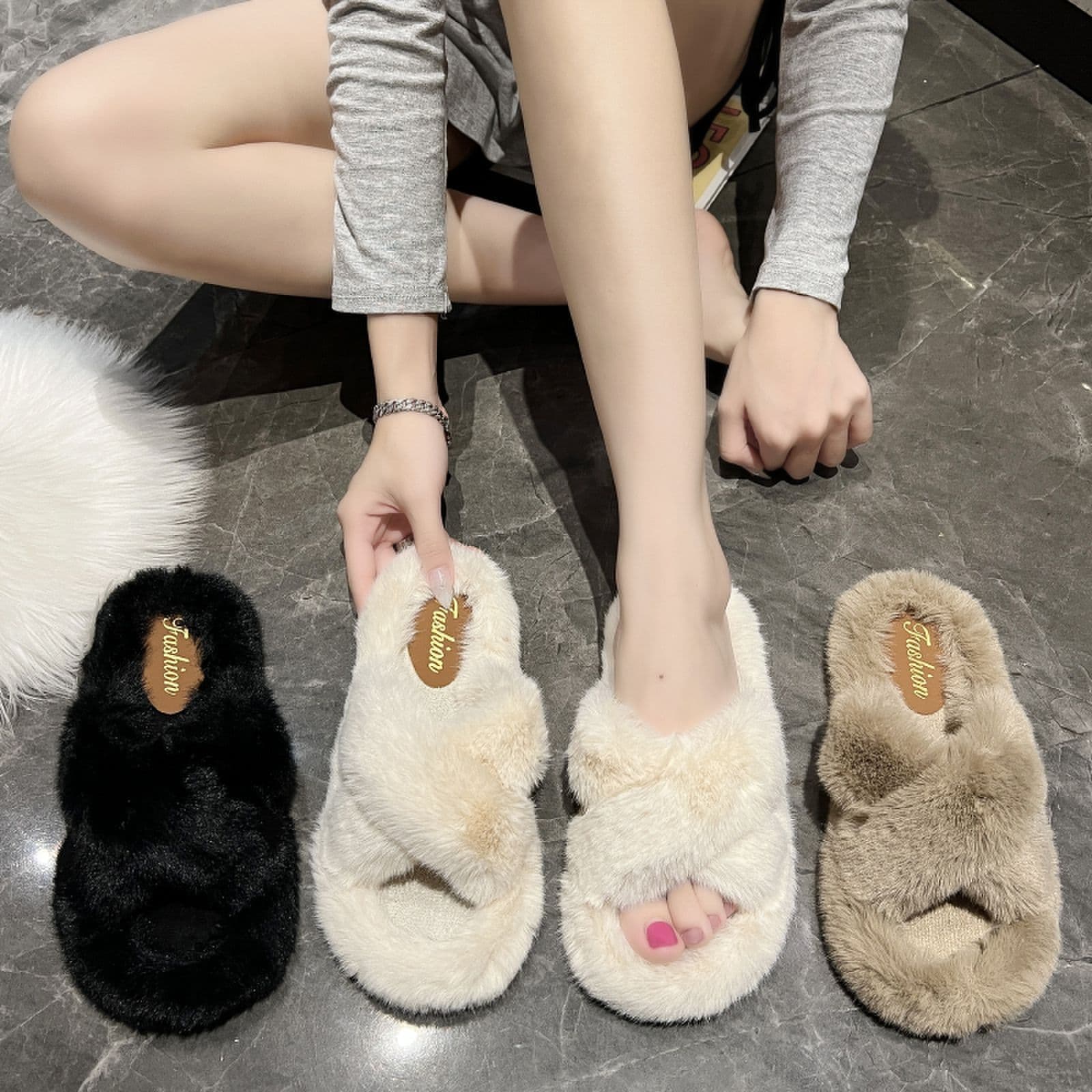 Women's Fuzzy Slippers 2025 Autumn/Winter New Cross-Strap Slippers Fashion Outdoor Thick-Sole Trendy Ins Cotton Slippers