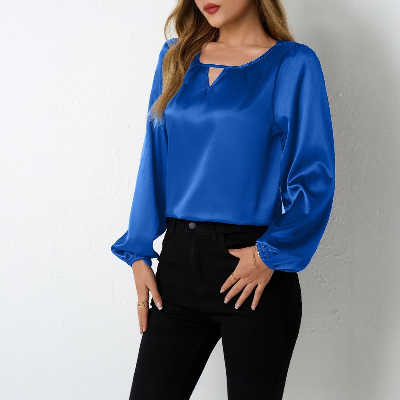 2025 European and American Amazon Satin Blouse Women's Export Cross-Border Women's Imitation Silk Pleated Long-Sleeved Satin Top