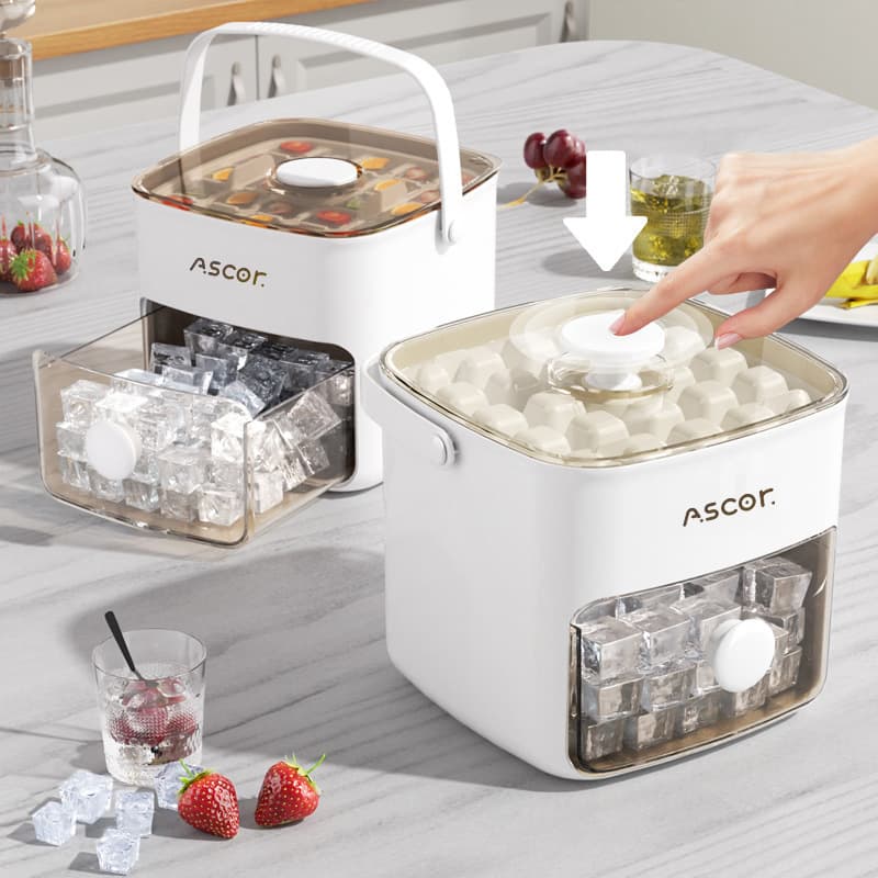 Press-Type Ice Cube Tray, Popular Ice Maker with Double-Layer Storage Box, Easy Release, Quick Freeze