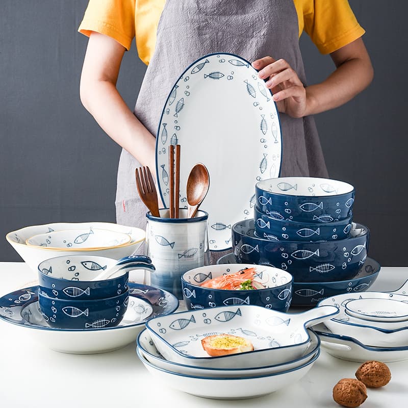 Japanese-style Ceramic Bowl and Plate Set, Creative Minimalist Underglaze Hand-painted Series Tableware, Individual Bowls and Plates