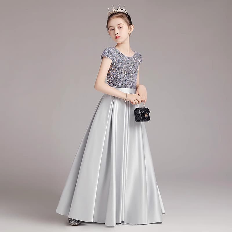 Big girl piano dress gray sequined long performance costume princess skirt children's host catwalk performance costume spring