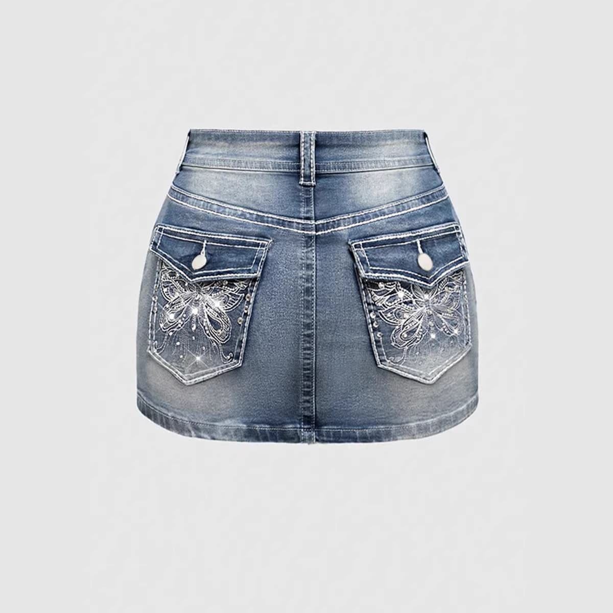 [Cross-border Hot Seller] Women's Short Denim Embroidered Skirt with Rhinestone Trim - Short Design Accentuates Hips