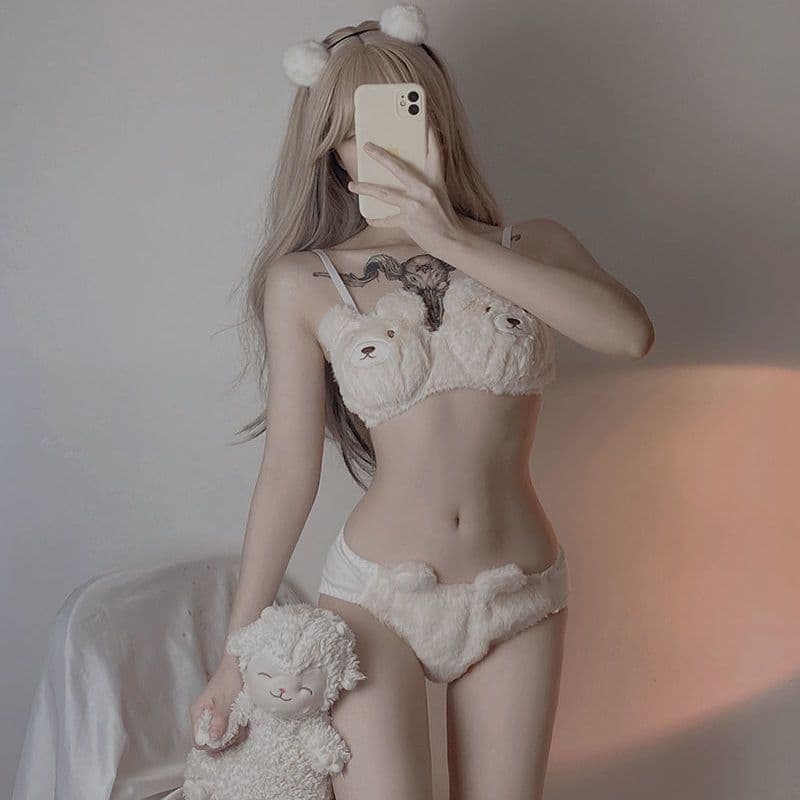 Autumn and Winter Underwear Women Fleece Bear Cub Comfort Cute Cartoon Fluffy Warm Small Bust Push-up Bra Set