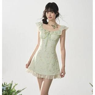 Summer French Sweet Fluffy Off-Shoulder Top and Short Skirt Set, Seaside Vacation Loose Casual Halter Dress for Women