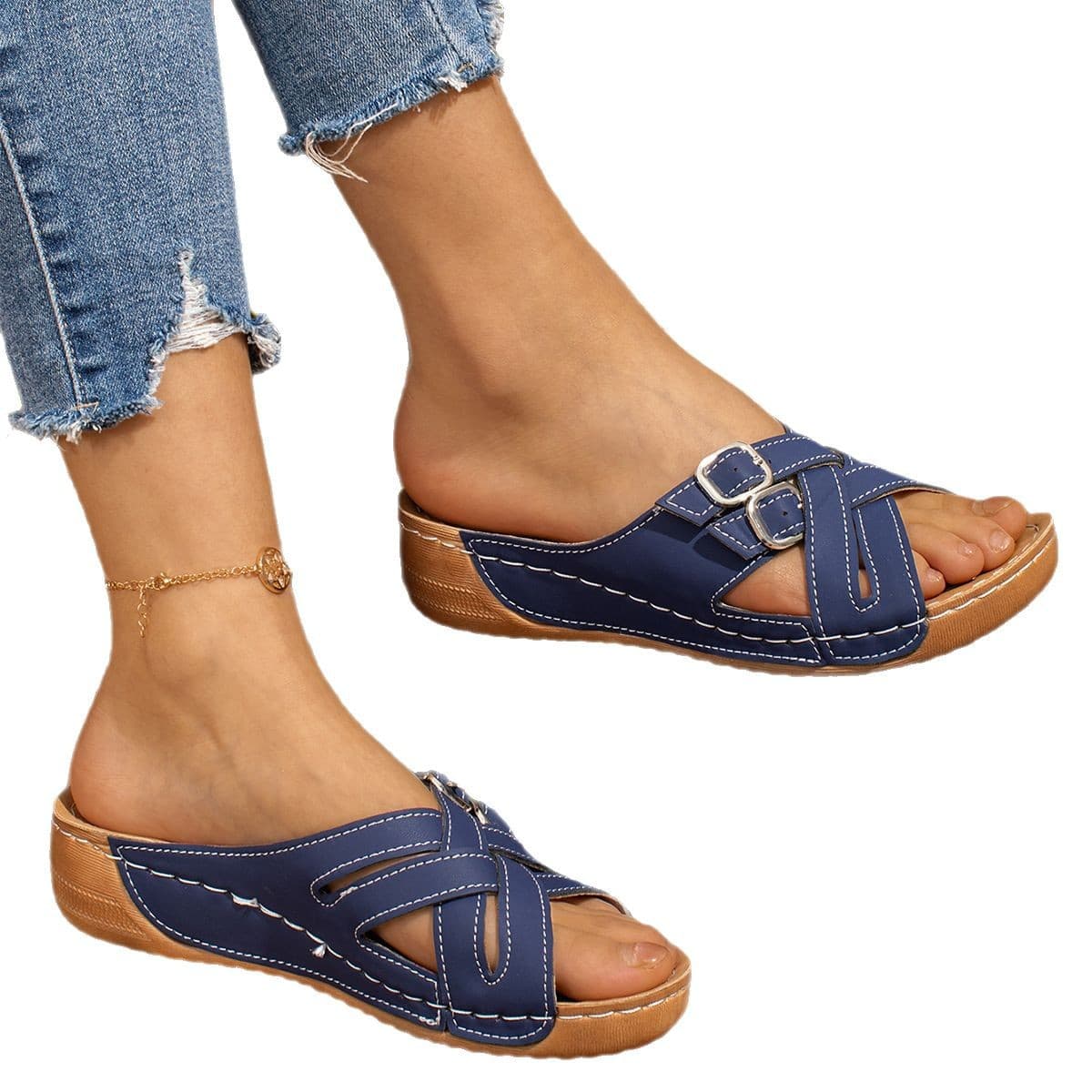 Oversized Flat Wedge Casual Sandals 2025 New Cross Strap Solid Color Open Toe Fisherman Sandals for Export