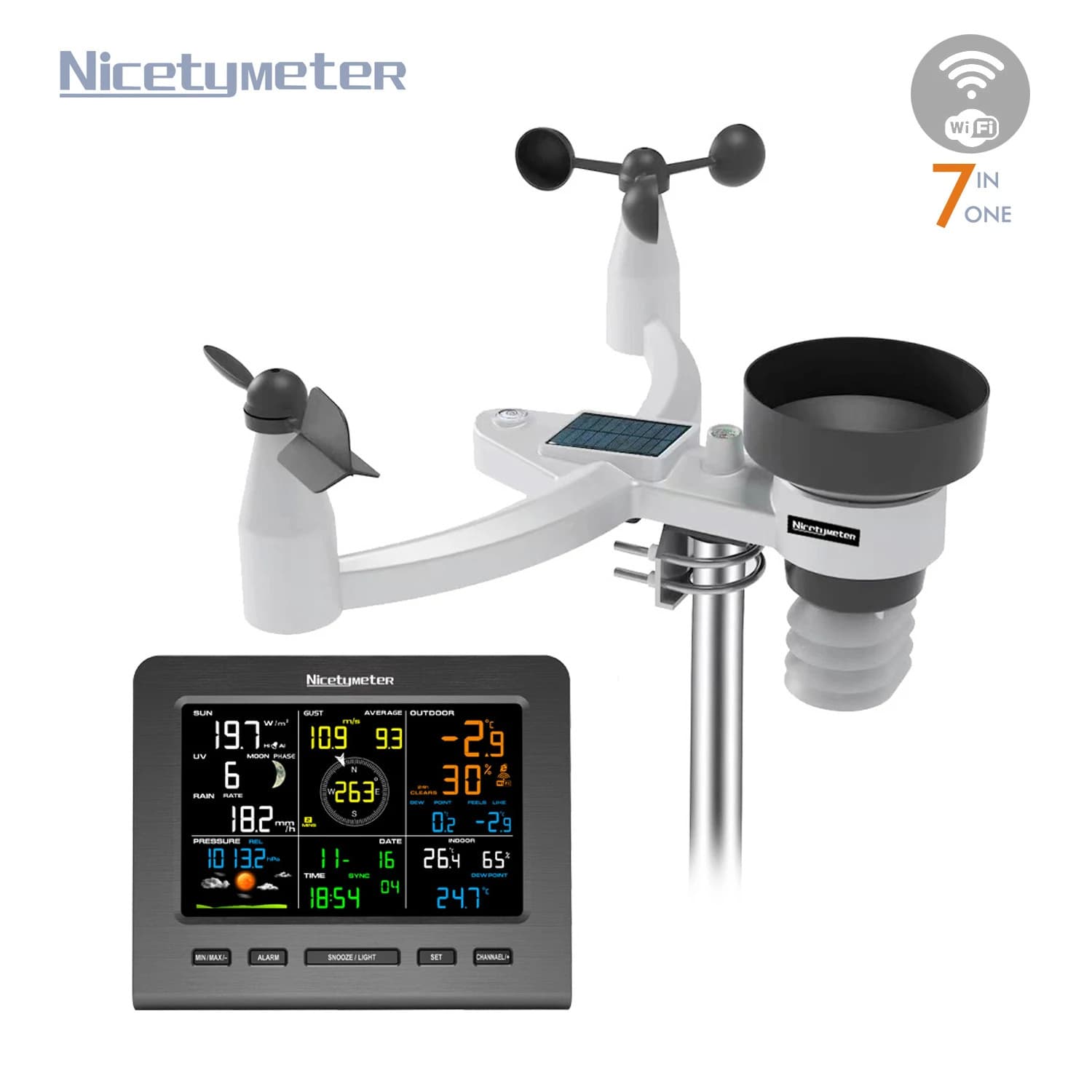 0360 7-in-1 weather station with WiFi, wind speed/direction, UV illumination, rainfall, temperature/humidity, weather forecast, electronic clock