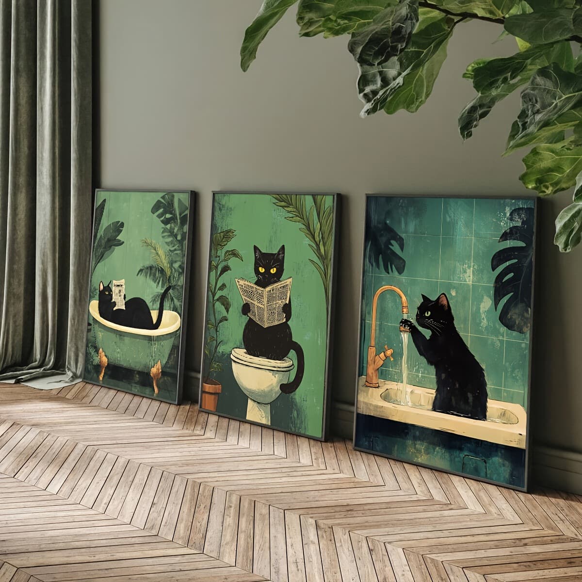 Retro Green Tropical Plants Black Cat Bathroom Toilet Decoration Frameless Hanging Art Print Core Poster