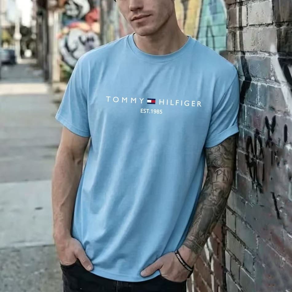 Hilfiger Pure Cotton Short-Sleeved T-Shirt, Loose and Breathable, Heavyweight Summer Men's T-Shirt Pure Cotton T-Shirt