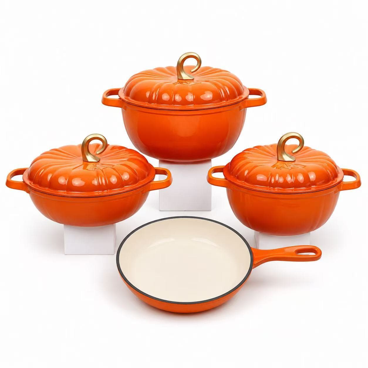 Pumpkin Enameled Cast Iron Cookware 4-Piece Set, Multi-Functional Non-Stick Soup Pot, Set Pot