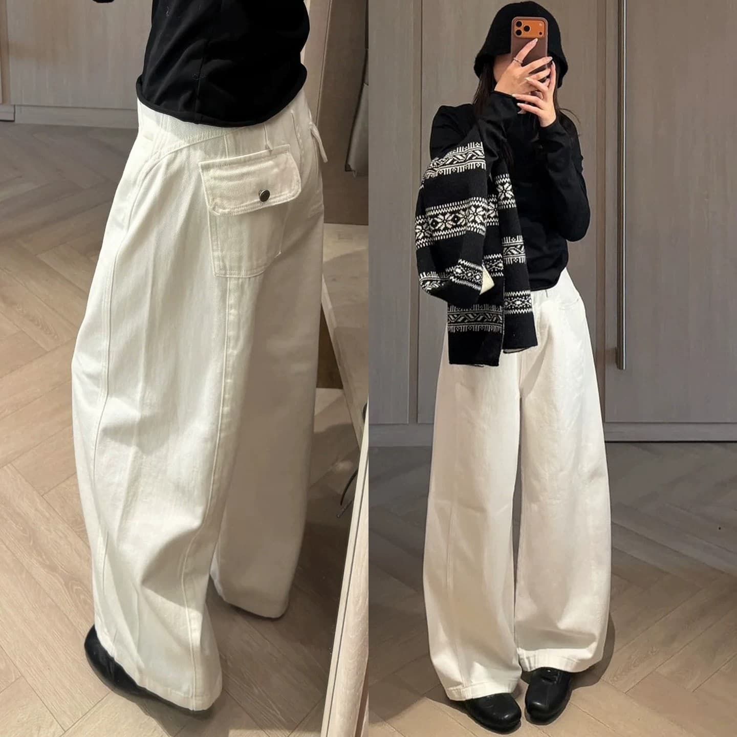 White Trendy High-End Slimming Curved Jeans for Women 2026 New Style Wide Leg Loose Curved Denim Pants