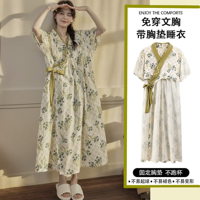 Yunduo cotton lace-up nightgown for women summer sweet short-sleeved nightgown thin kimono long with chest pad pajamas home clothes