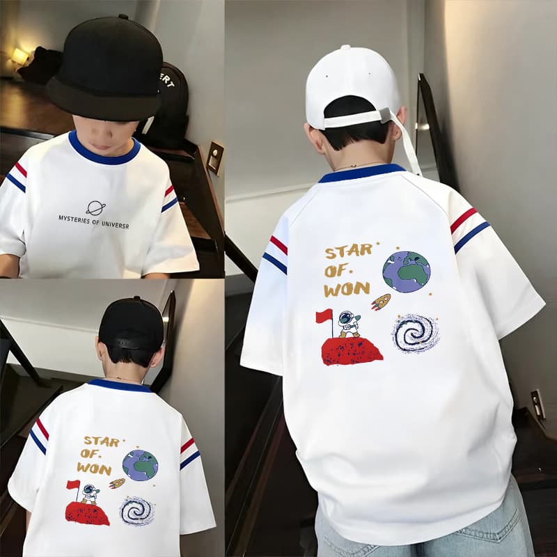 Boys' Cotton Color-Block Short-Sleeve T-Shirt Summer 2026 New Style for Big Kids Ages 8-15