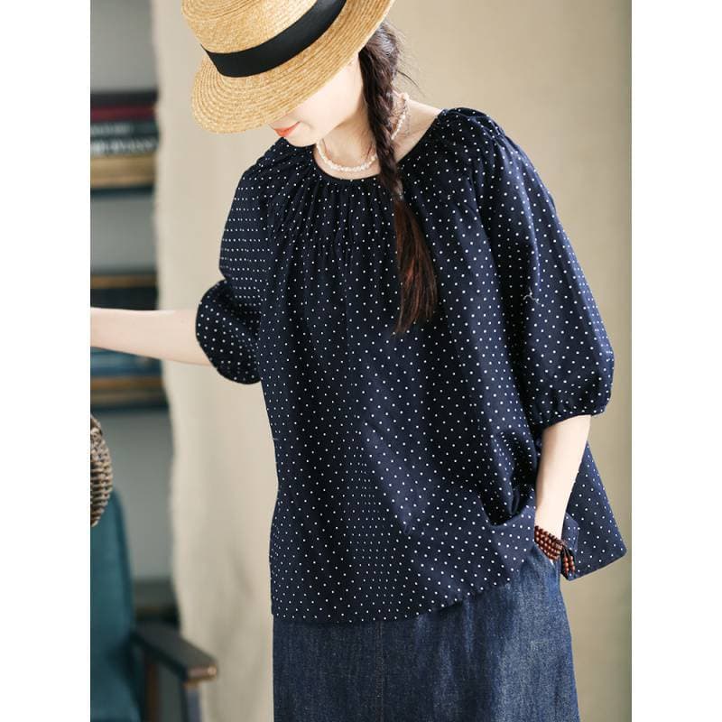 Official Image Cotton Linen Printed Polka Dot Blouse Women's Half Sleeve Commute Versatile Age-Defying Top 2026 Summer New Arrival