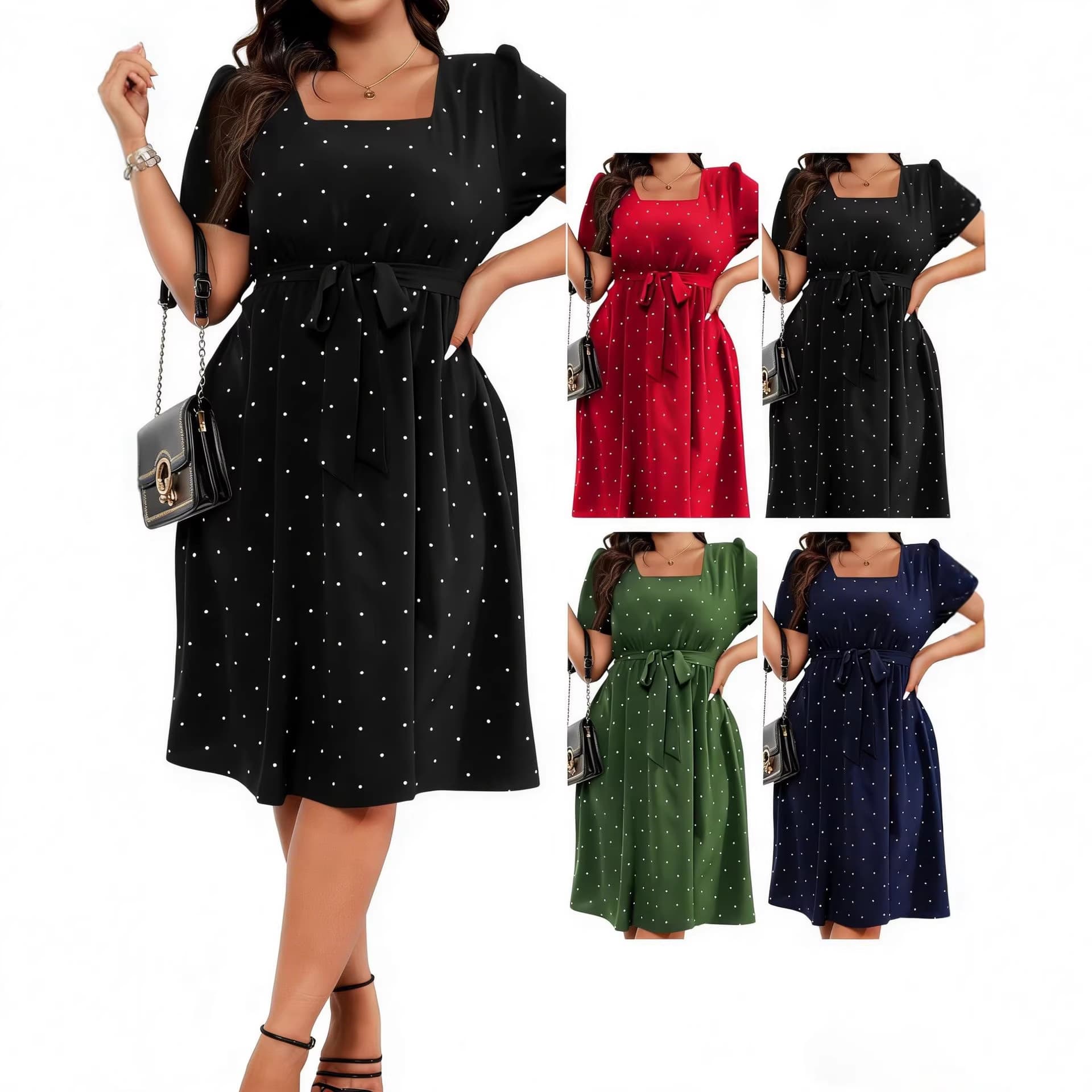 Elegant Retro Polka Dot Waist-Cinching Tie Square-Neck Flared Dress for Plus-Size Women
