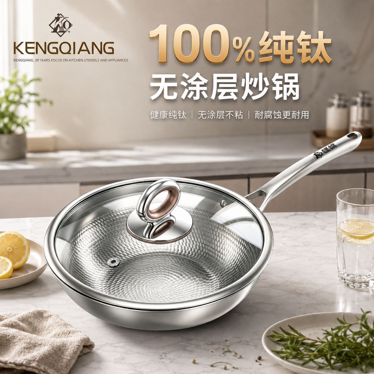 Clang Pure Titanium Uncoated Wok, Hammered Non-Stick Flat Bottom Stir-Fry Pan, Gas Stove and Induction Cooker Compatible