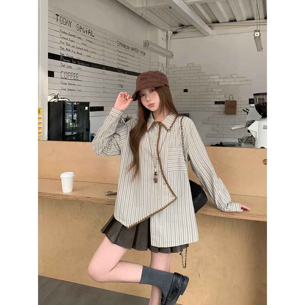 Korean asymmetric placket design striped long-sleeved shirt for women in autumn and winter, loose and slim layered inner top