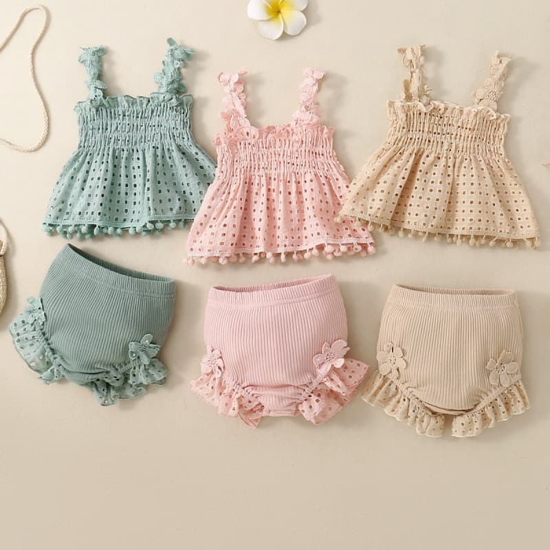 Cotton mesh high temperature dyed apricot lace halter top baby girl shorts infant fashion two-piece set 2025