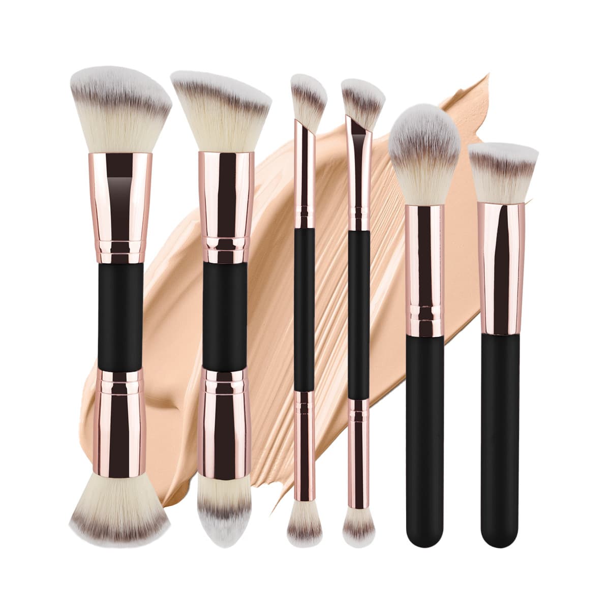 Cross-border best-selling 6 double-ended makeup brushes, oblique foundation brush, contouring brush, eye shadow brush, loose powder brush, beauty tools