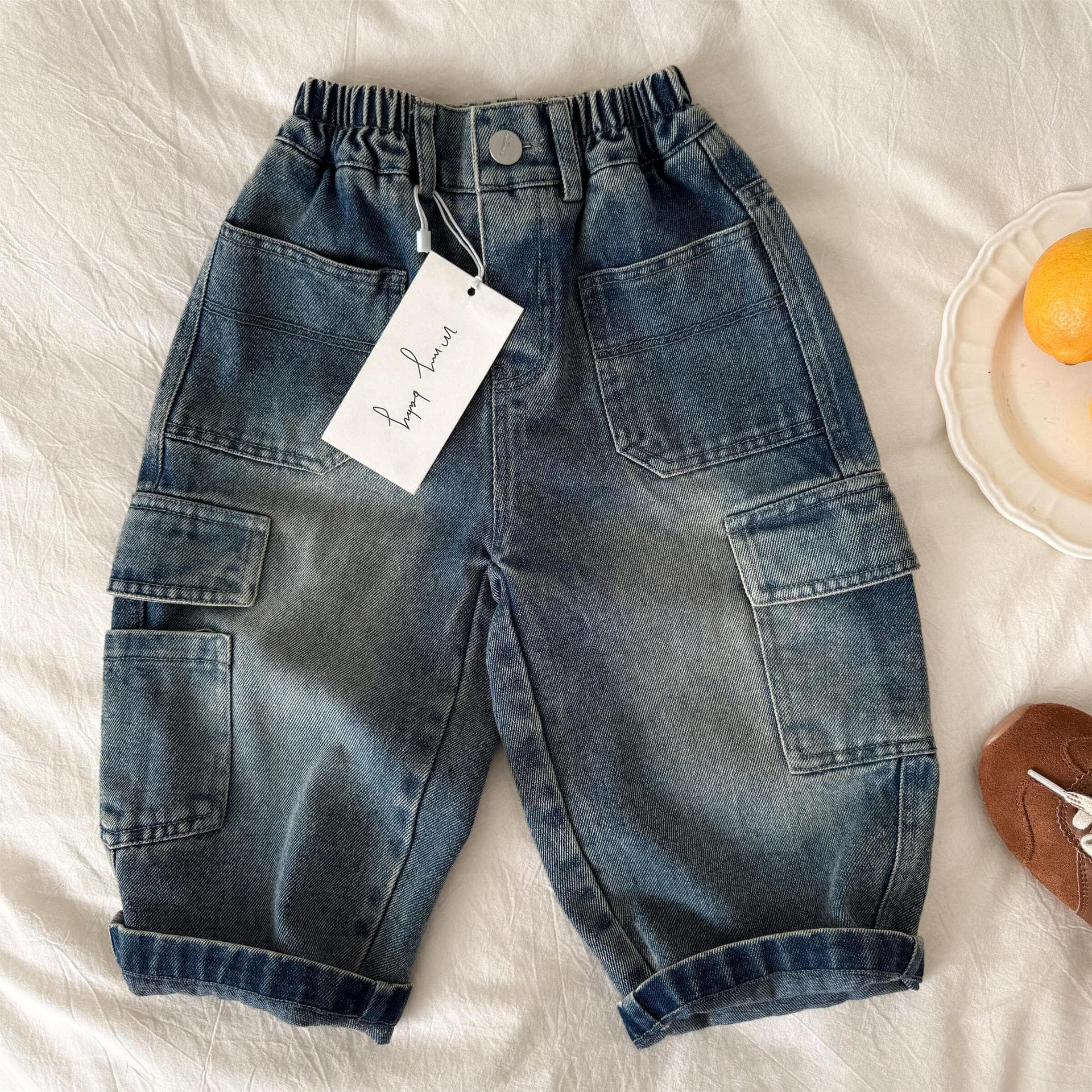 Cross-border Children's Jeans 2026 Spring/Autumn Boys and Girls Solid Color Pocket Jeans Baby Workwear Jeans Wholesale