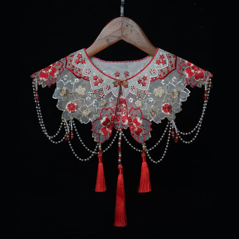 Red Cherry Blossom Beaded Chain Cloud Collar, 2025 New Hanfu Studio Photography Theme Wedding Dress Portrait Embroidered Style