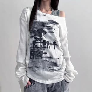 Y2K Fashion Korean Style Autumn Winter Casual Long Sleeve Print Loose Round Neck Top for Women