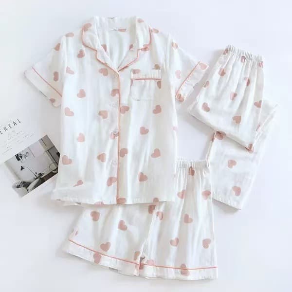 Custom New Gauze Heart Pattern Pure Cotton Flat Gauze Two-Color Short-Sleeve Long Pants Plus Shorts Three-Piece Sleepwear Homewear Set