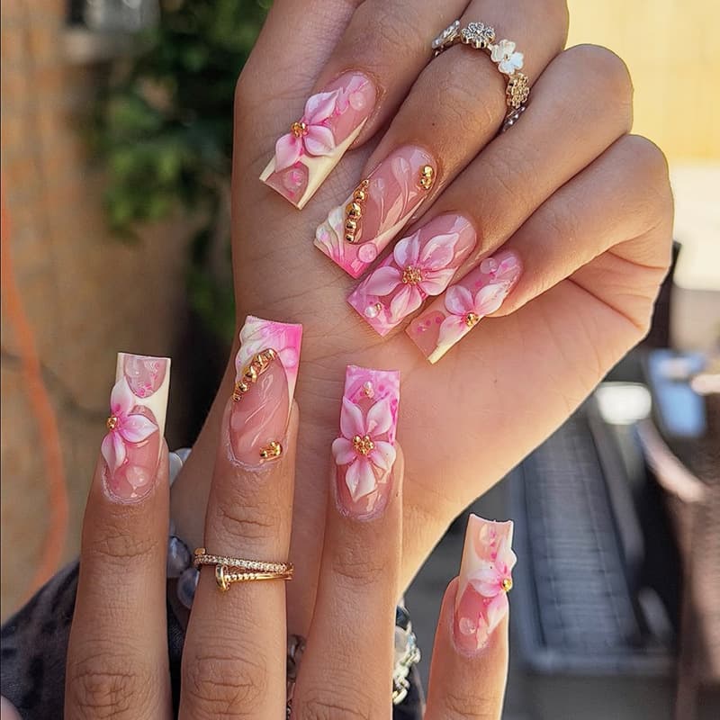 Cross-border 3D Embossed Colorful Flower European and American Wearable Nails Ins Style Nail Tips Detachable False Nail Tips Wholesale