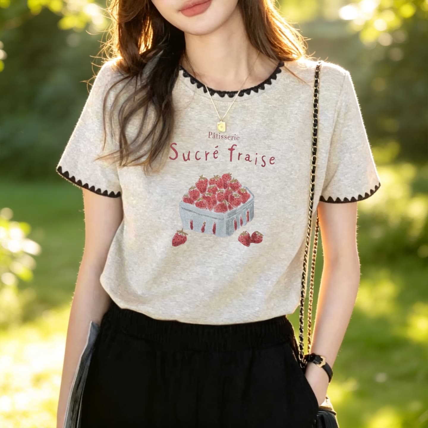 New Beige Pure Cotton Short-Sleeve T-Shirt for Women, Summer Round Neck Slimming Unique Youthful Color-Blocking Top for Women Ins