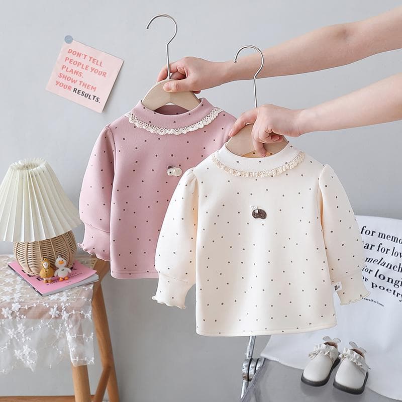 Children's winter clothing, girls' fleece-lined thick base layer shirt, semi-high neck baby inner layer, baby girl lace long-sleeved top, trendy