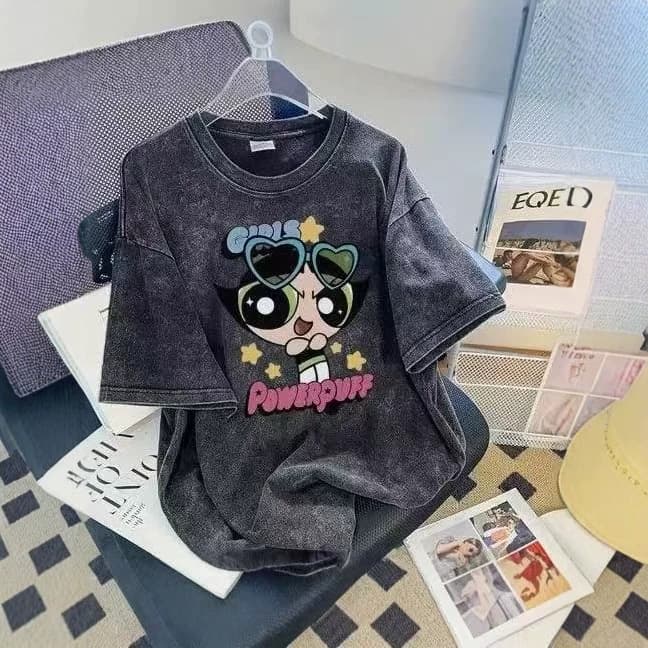 2025 New Cross-Border 100% Cotton Washed Black American Cartoon Print T-Shirt Loose Casual Slimming Women's Top Ins Fashion