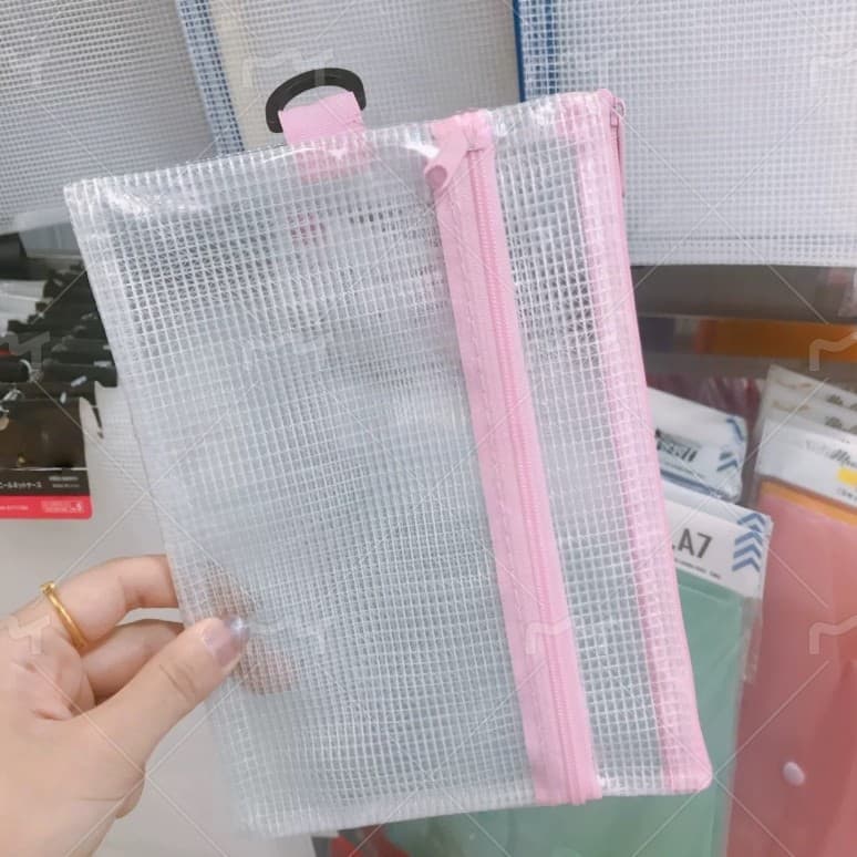 Dz Japanese Brand Same Style Grid File Bag Semi-Transparent Zipper Bag A5 Receipt Small Items Storage Bag Thickened