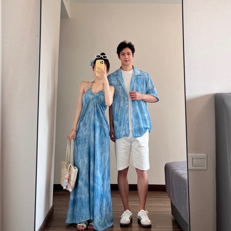 2026 Couple Outfits Summer Women Tie-Dye Slip Dress Beach Vacation Style Sarong Dress One Dress One Top
