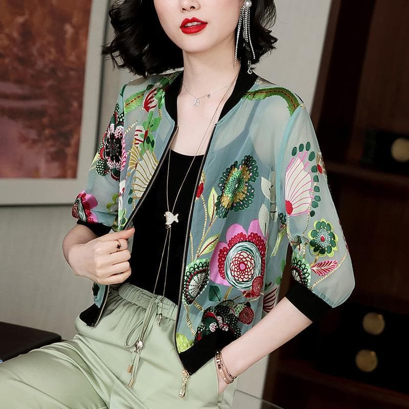 Cardigan for Middle-Aged Mom Women's Fashion Summer Thin Short Jacket Baseball Jersey Chiffon Long-Sleeve Sun Protection