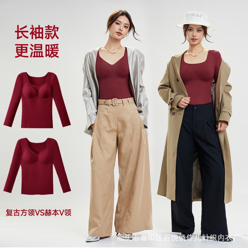 Women's thermal underwear, new autumn and winter style, mousse fleece, self-heating V-neck, seamless, customizable cut, women's thermal vest.