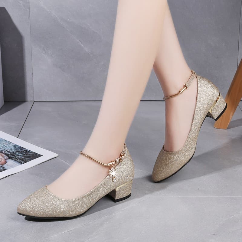 Block Heel Women's Shoes 2026 Spring Wedding Shoes Pointed Toe Mid Heel Office Shoes Shallow Mouth Buckle Strap Single Shoes Wholesale Mary Jane Shoes