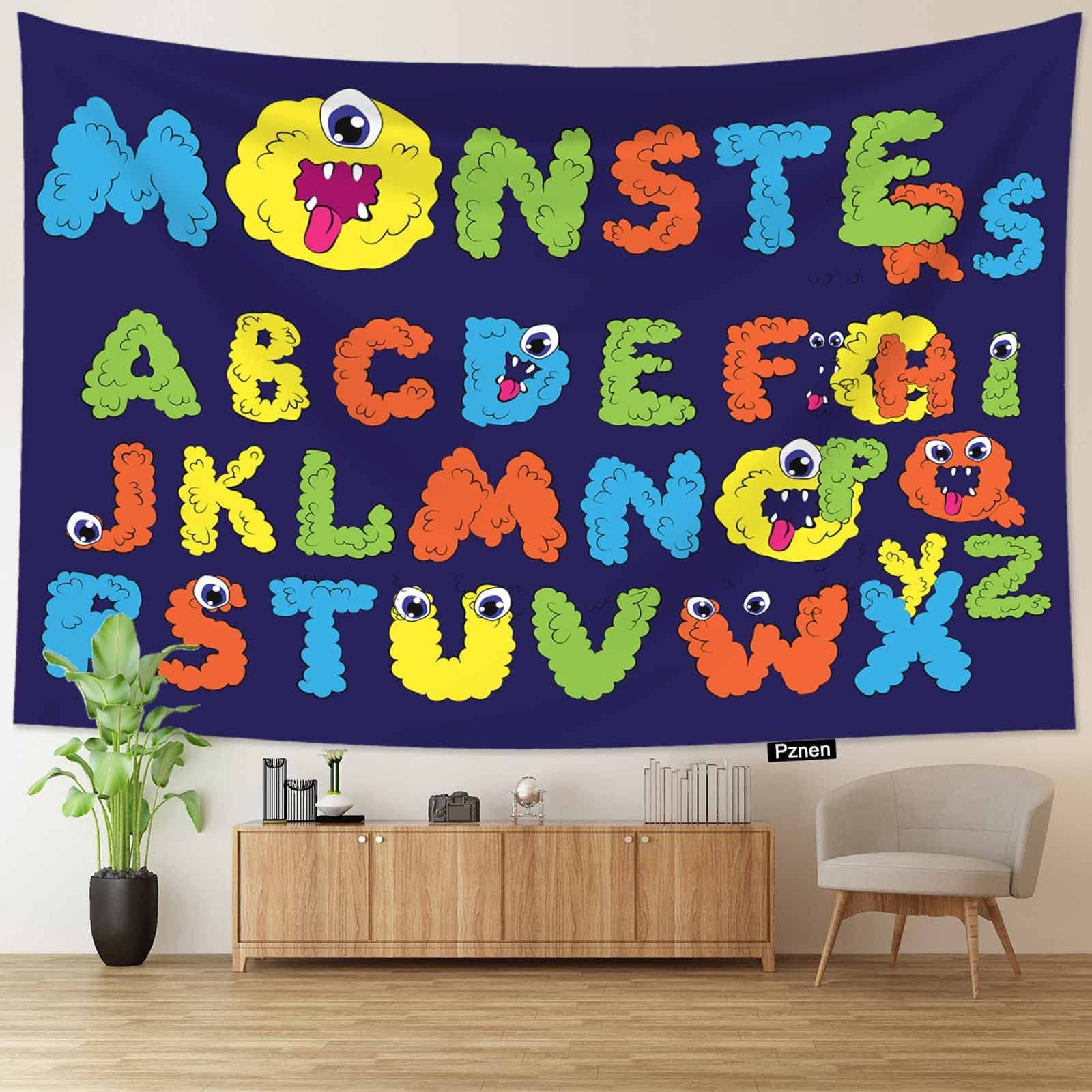 Alphabet Tapestries Cute Funny Alphabet Cartoon Monster Educational Tapestries Wall Hanging For Toddlers Bedroom Decor