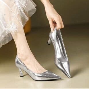 Women's High Heels 2025 New Silver Patent Leather Sexy Shallow Mouth Rhinestone Chain Fashion High-End Thin Heel Pumps