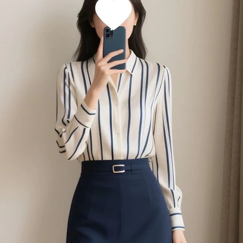 Early Autumn Women's New Stylish Striped Shirt Set with Waist-Hugging Skirt for Office