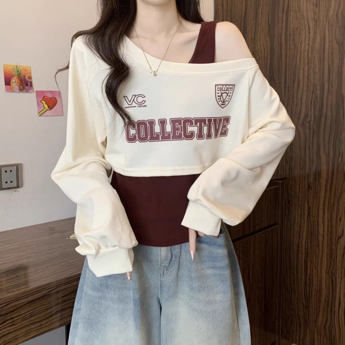 New Short Asymmetrical Long-Sleeve T-Shirt Set for Women 2025 Fall Outfit Hoodie Camisole Off-Shoulder Unique Top