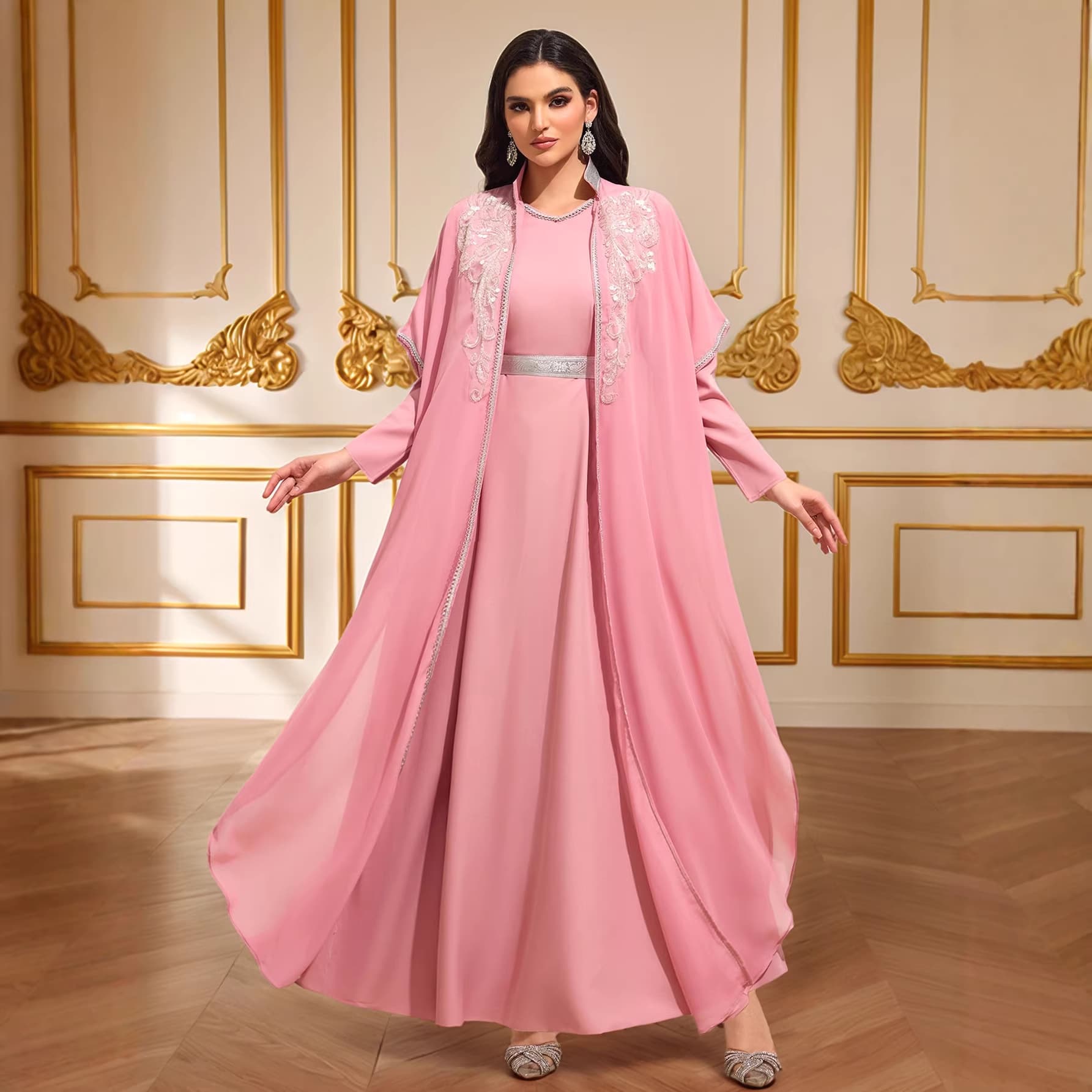 Foreign Trade Fashion Cardigan Long Dress Amazon Pink New Style Dress Cross-Border Beaded Sequin Embroidery Elegant Long Dress