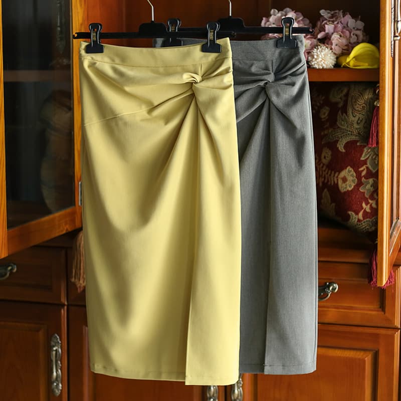 High-Waisted Slimming Medium-Length Skirt With Knot Side Slit Women's Fashionable Spring Autumn Tulle Slim Fit Hip Wrap
