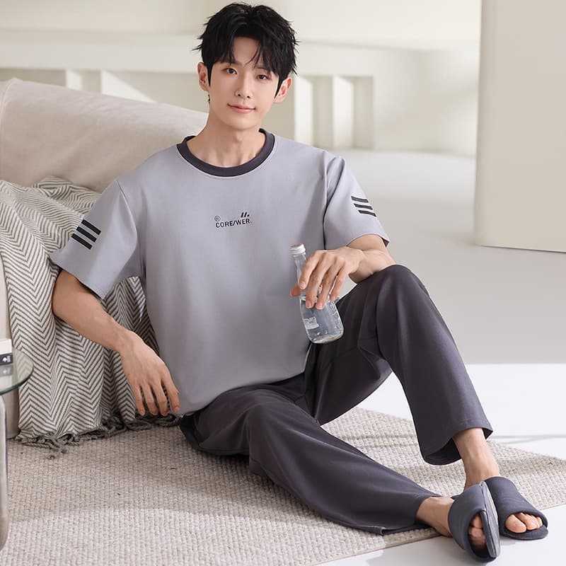 Men's Cotton Pajama Set Summer Thin Short Sleeve Long Pants Loose Plus Size Air Conditioning Home Wear
