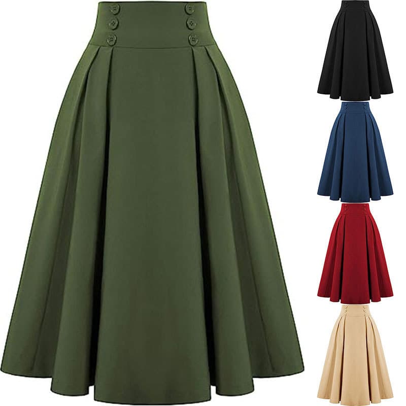 High Waist Midi Pleated Skirt Casual A-Line Half-length with Pocket Polyester Fabric Fresh Sweet Style Comfortable Leisure