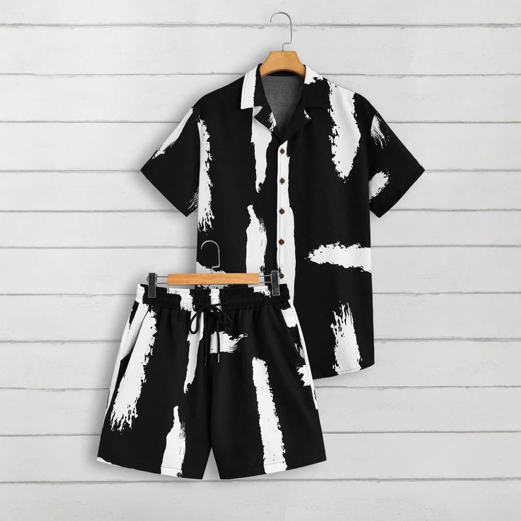 Summer Seaside Vacation Style Black and White Contrast 3D Digital Print Short Sleeve Beach Shorts Source Casual Men's Summer Set