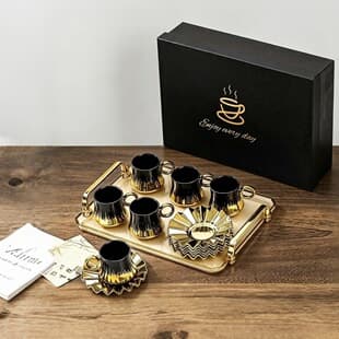 Cross-Border E-Commerce Export, Nordic, Middle Eastern, Arabic Gold-Plated Ceramic Coffee Cup and Saucer Set with Tray Gift Box